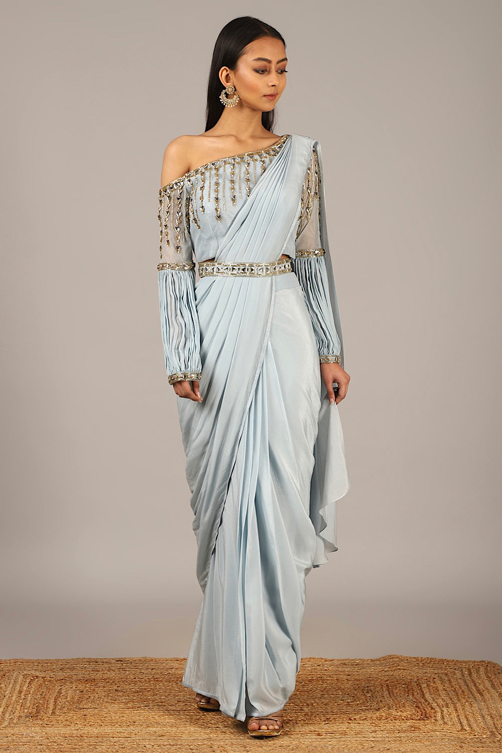 Shop Muted Aqua Off-Shoulder Drape Saree | Nidhika Shekhar