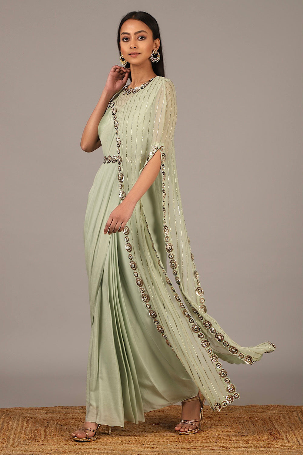 Buy Women's Designer Muted Green Drape Saree | Nidhika Shekhar