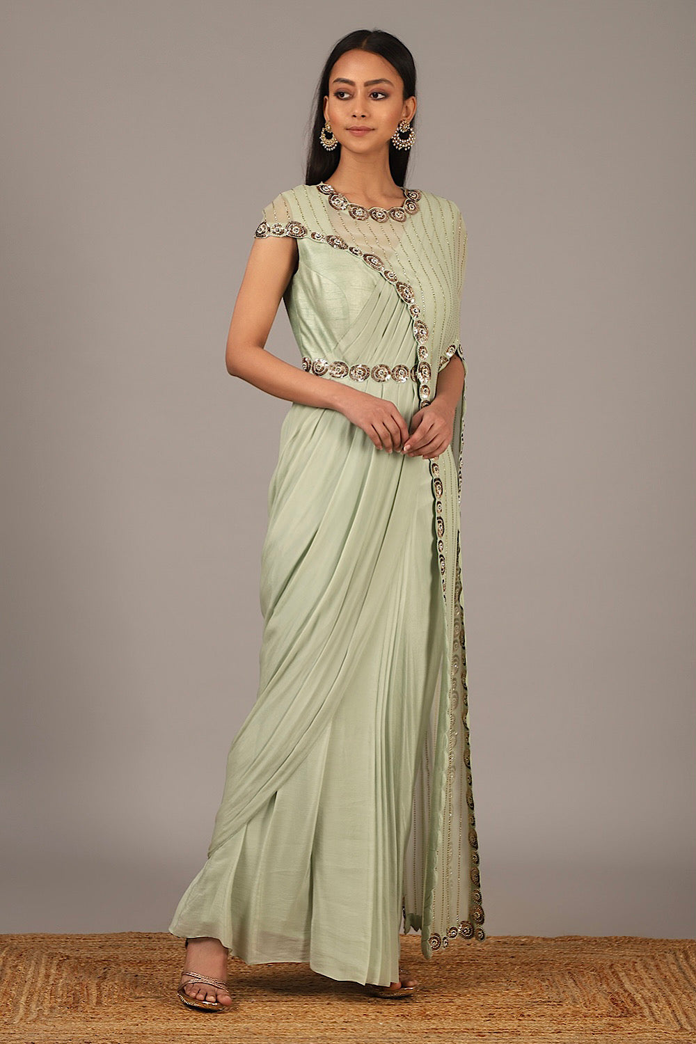 Buy Women's Designer Muted Green Drape Saree | Nidhika Shekhar