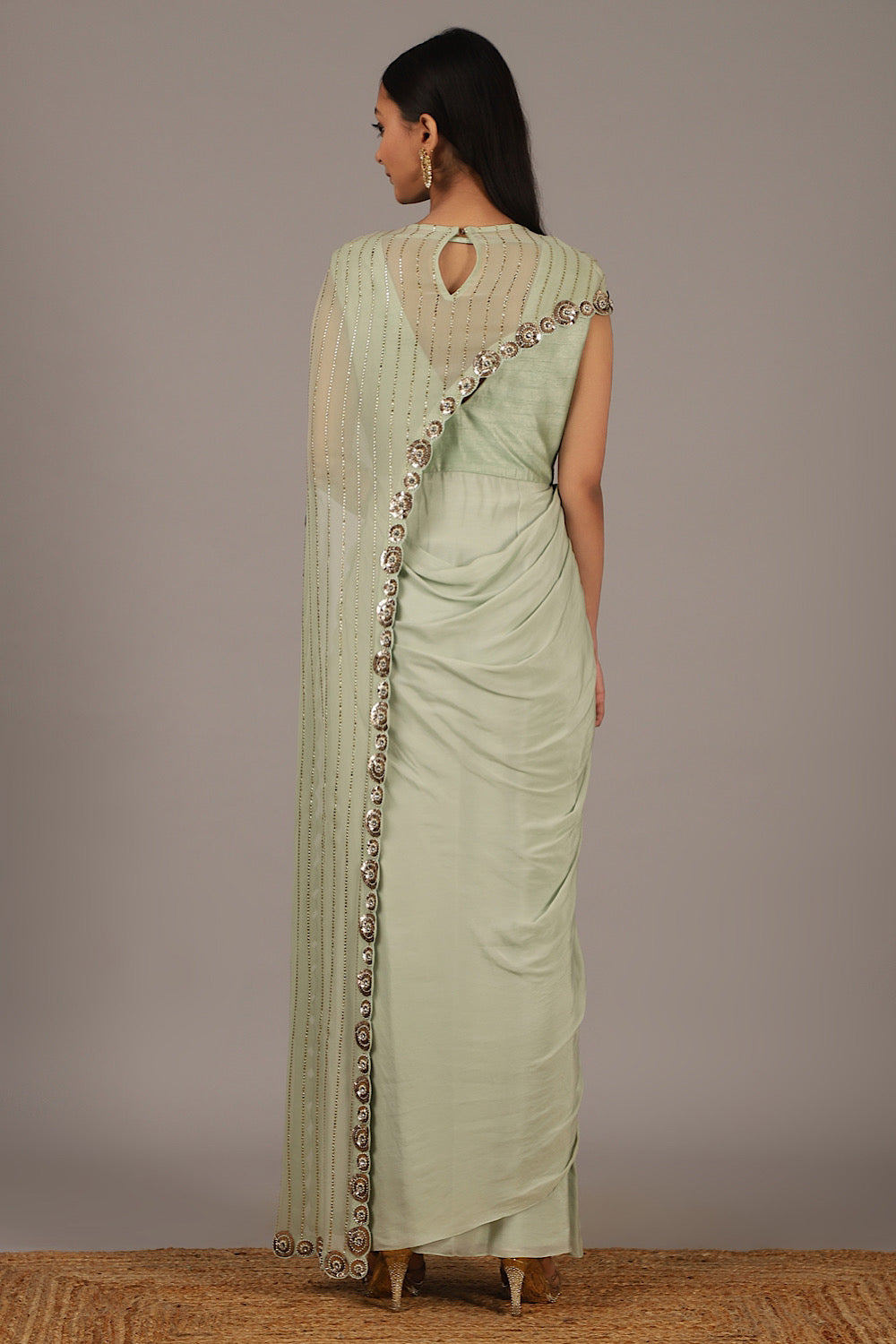 Buy Women's Designer Muted Green Drape Saree | Nidhika Shekhar