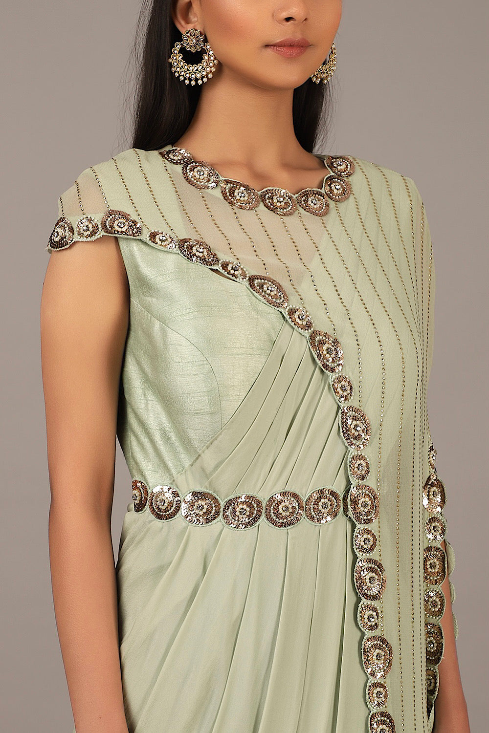 Buy Women's Designer Muted Green Drape Saree | Nidhika Shekhar