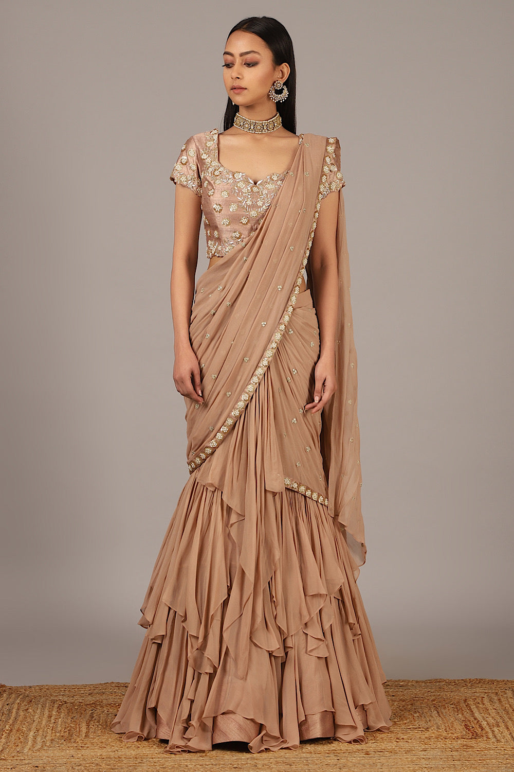 Nude Embroidered Fish-cut Saree Lehenga