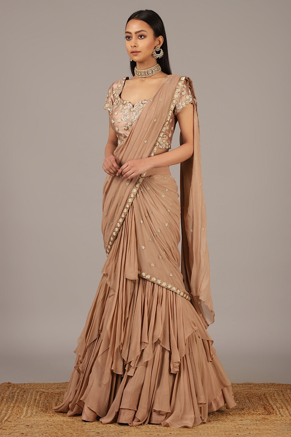 Nude Embroidered Fish-cut Saree Lehenga