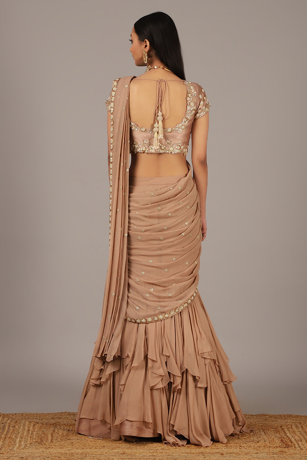 Nude Embroidered Fish-cut Saree Lehenga backview