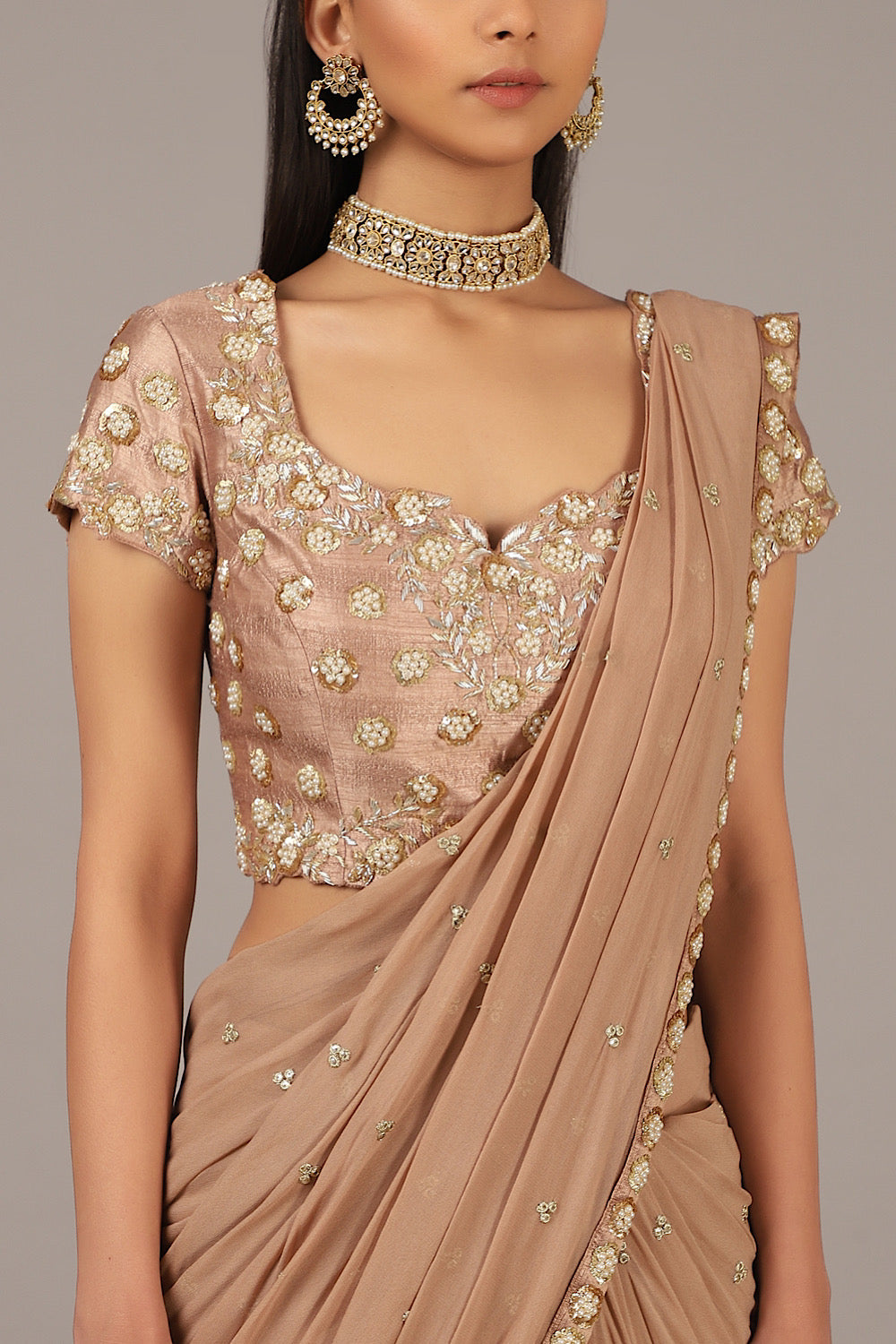 Nude Embroidered Fish-cut Saree Lehenga