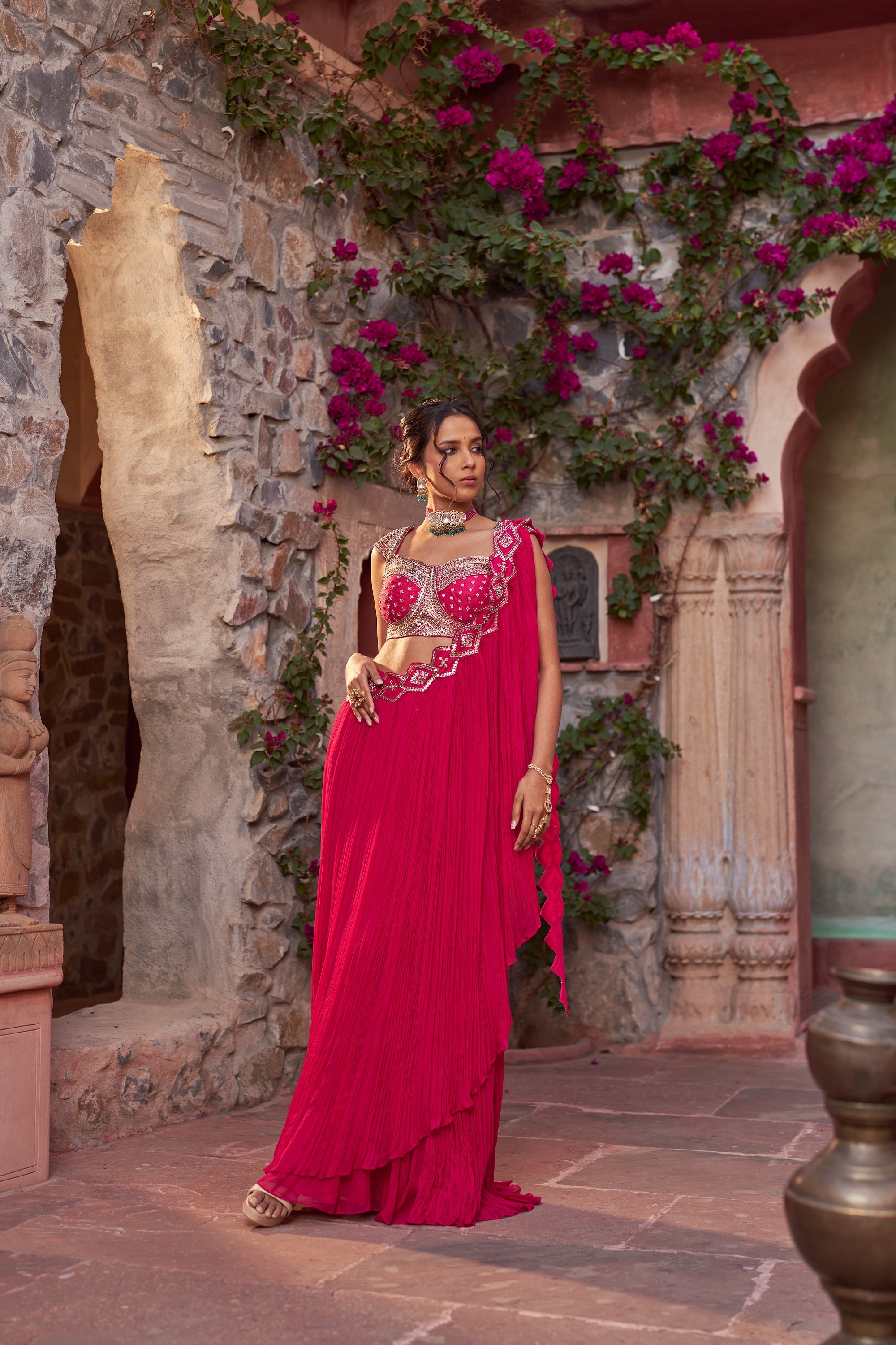 Fuchsia Pink Embroidered Pre-Drape Saree