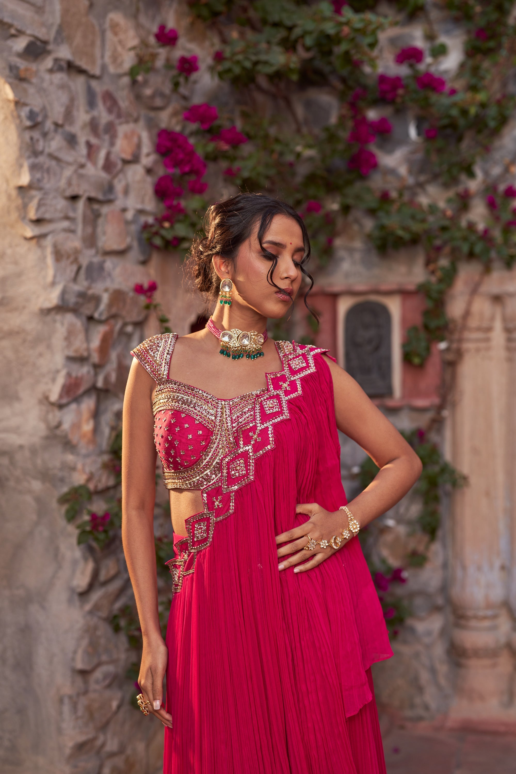 Fuchsia Pink Embroidered Pre-Drape Saree