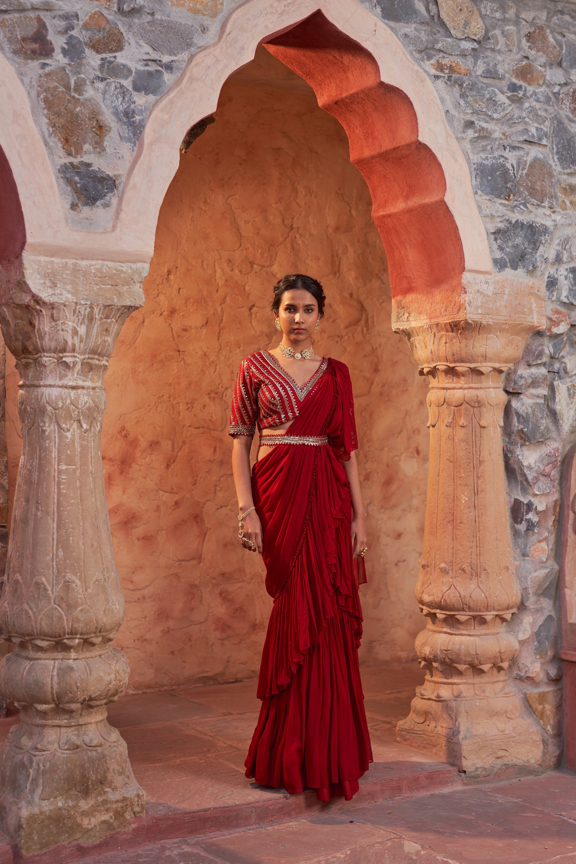 Designer Red Drape - Lok Rang Utsaav Saree