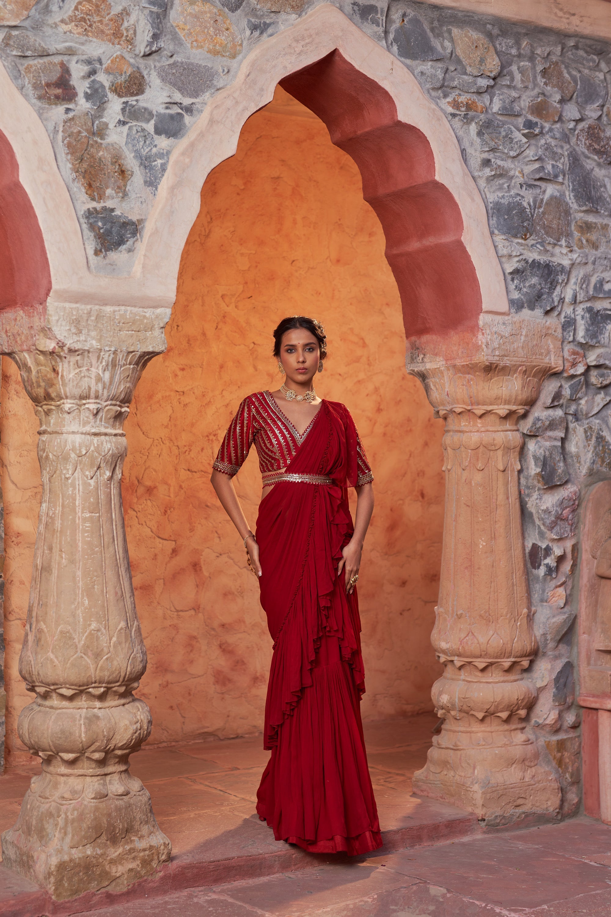 Designer Red Drape - Lok Rang Utsaav Saree