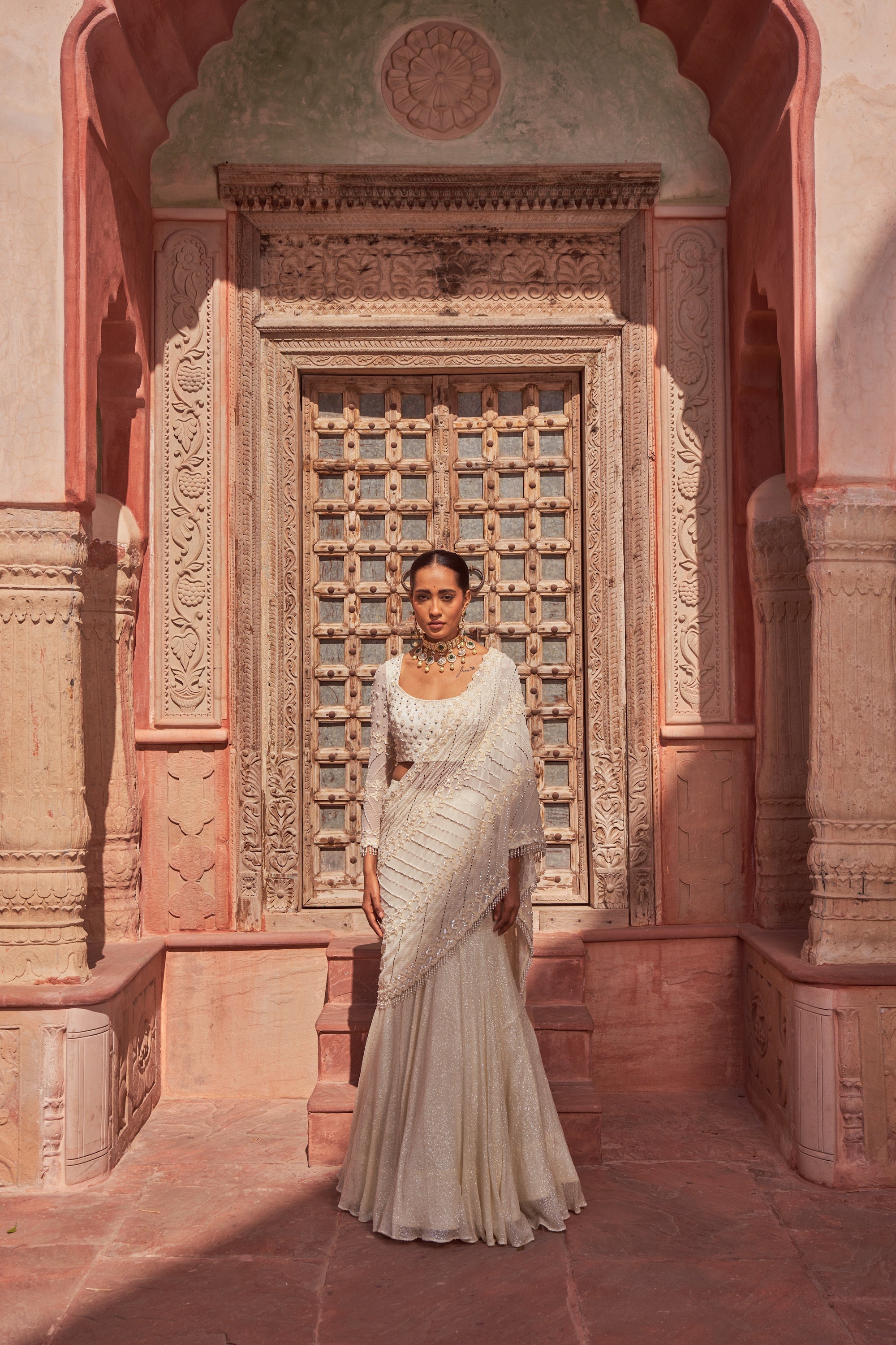 Ivory Fish Cut Embroidered Lehenga Saree