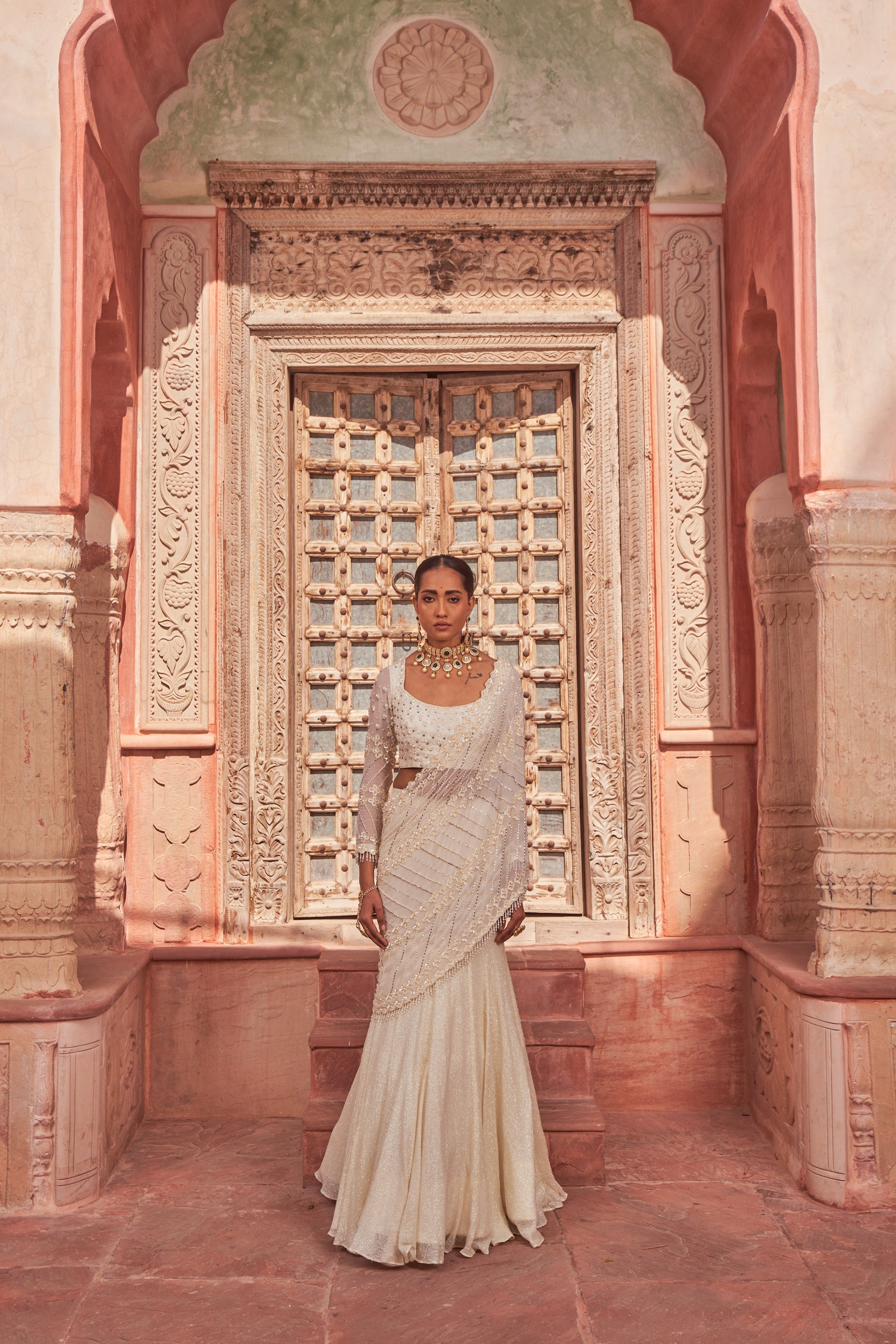 Ivory Fish Cut Embroidered Lehenga Saree