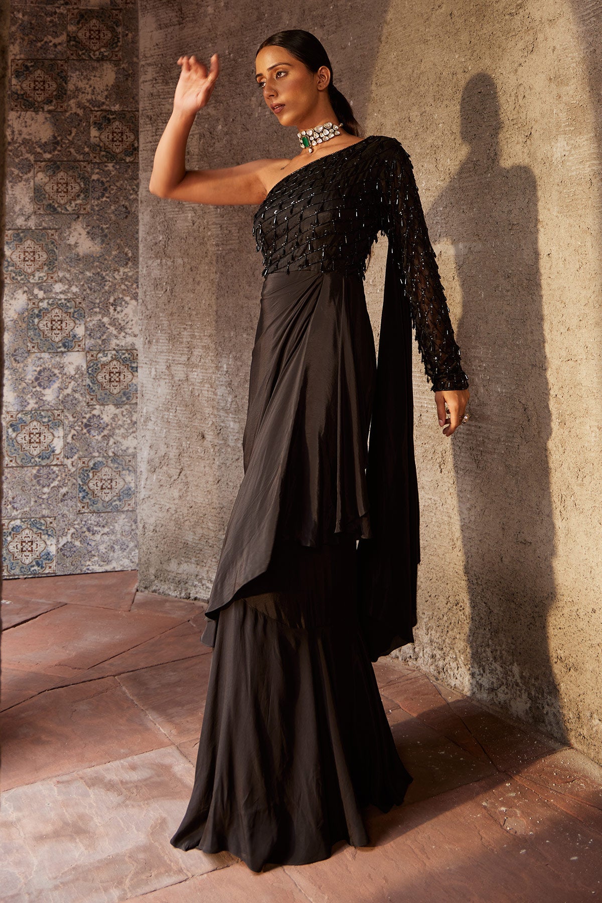 Buy Husna Utsav - Black One Shoulder Gown | Nidhika Shekhar