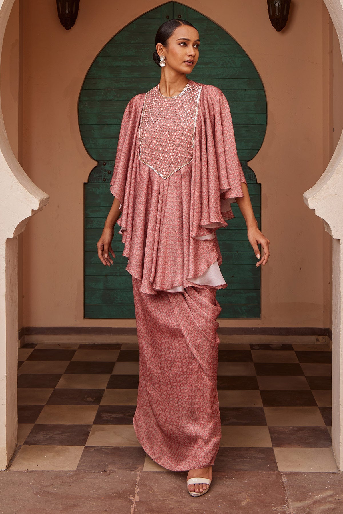 Women's Designer Pink Printed Drape Kurta | Nidhika Shekhar