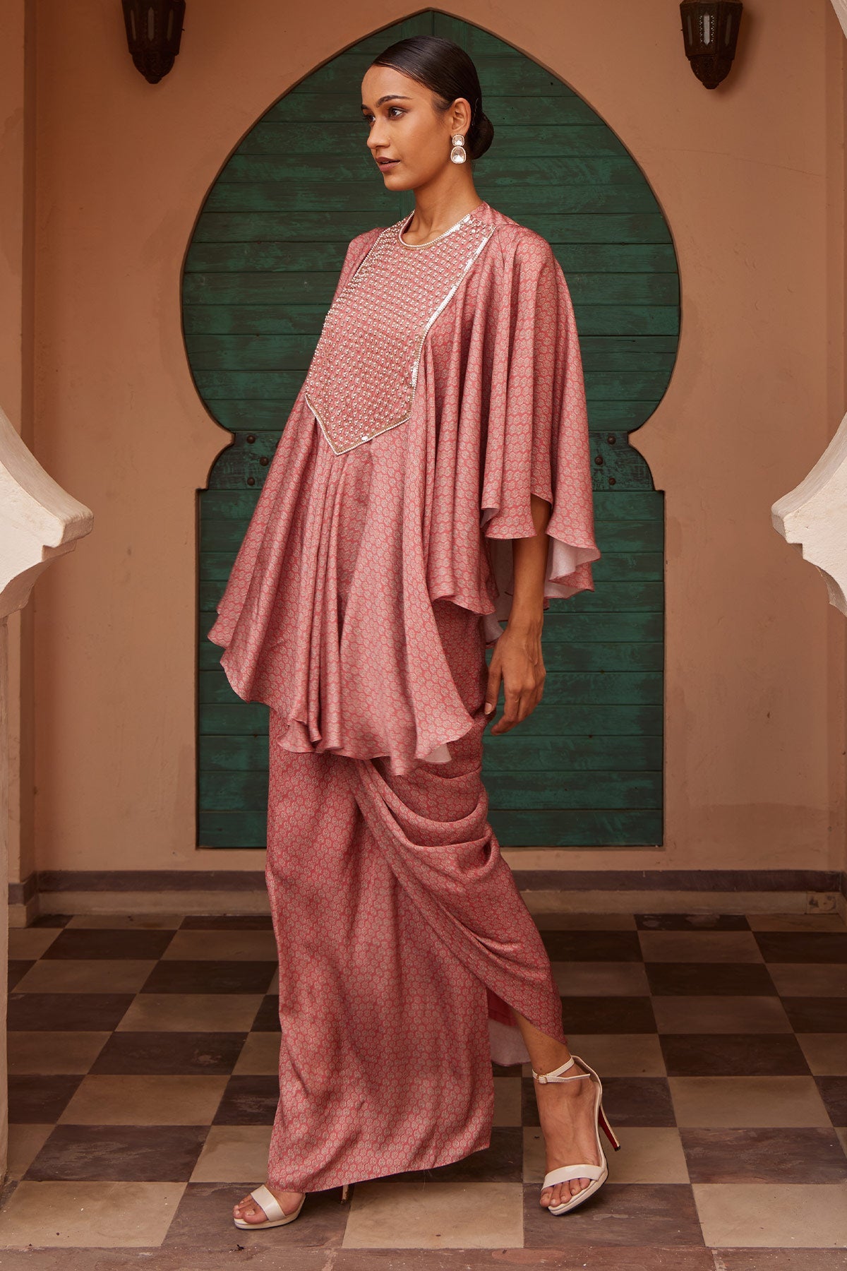 Women's Designer Pink Printed Drape Kurta | Nidhika Shekhar