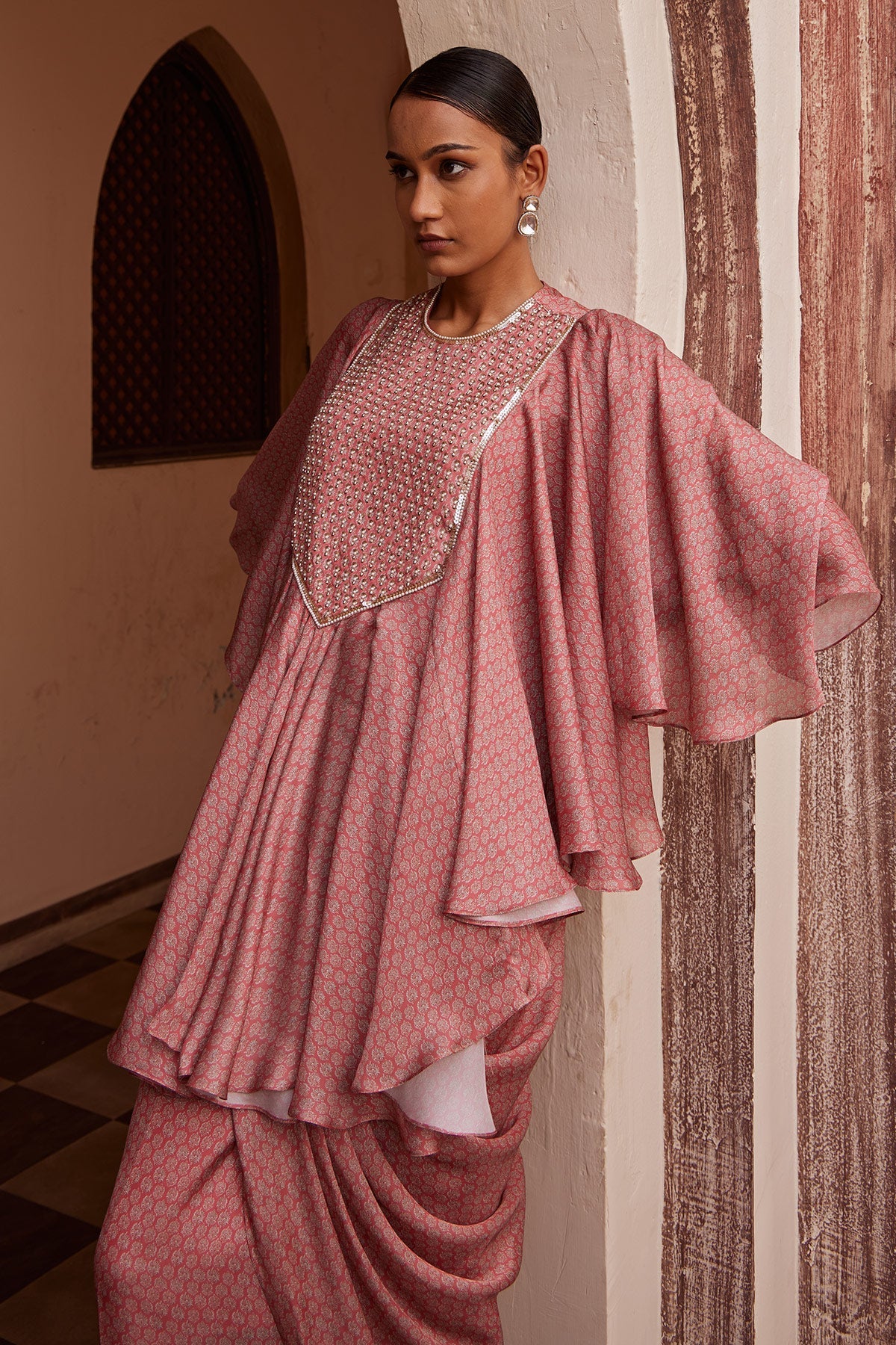 Women's Designer Pink Printed Drape Kurta | Nidhika Shekhar