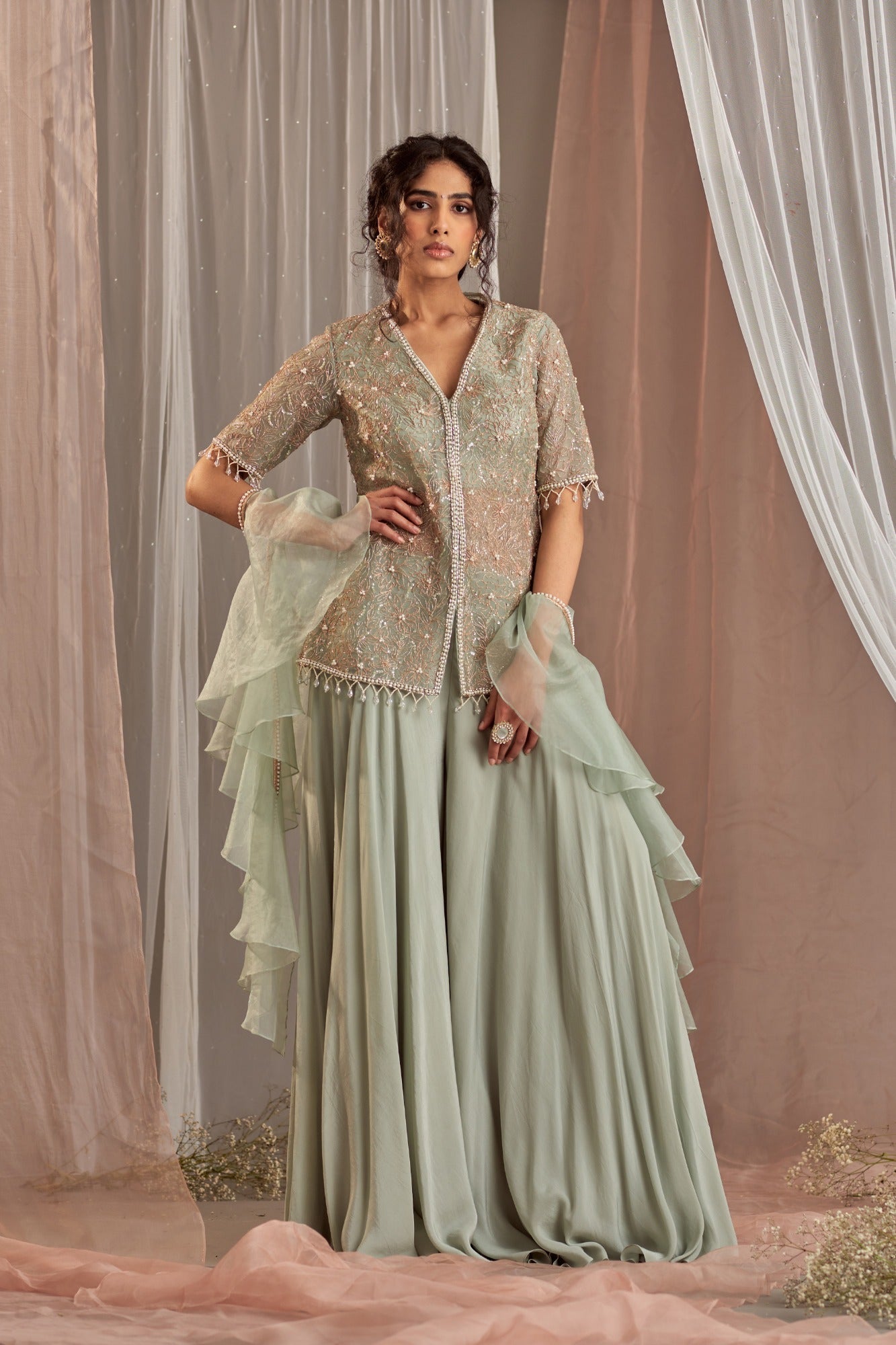 Muted Dull Green Organza Sharara Set