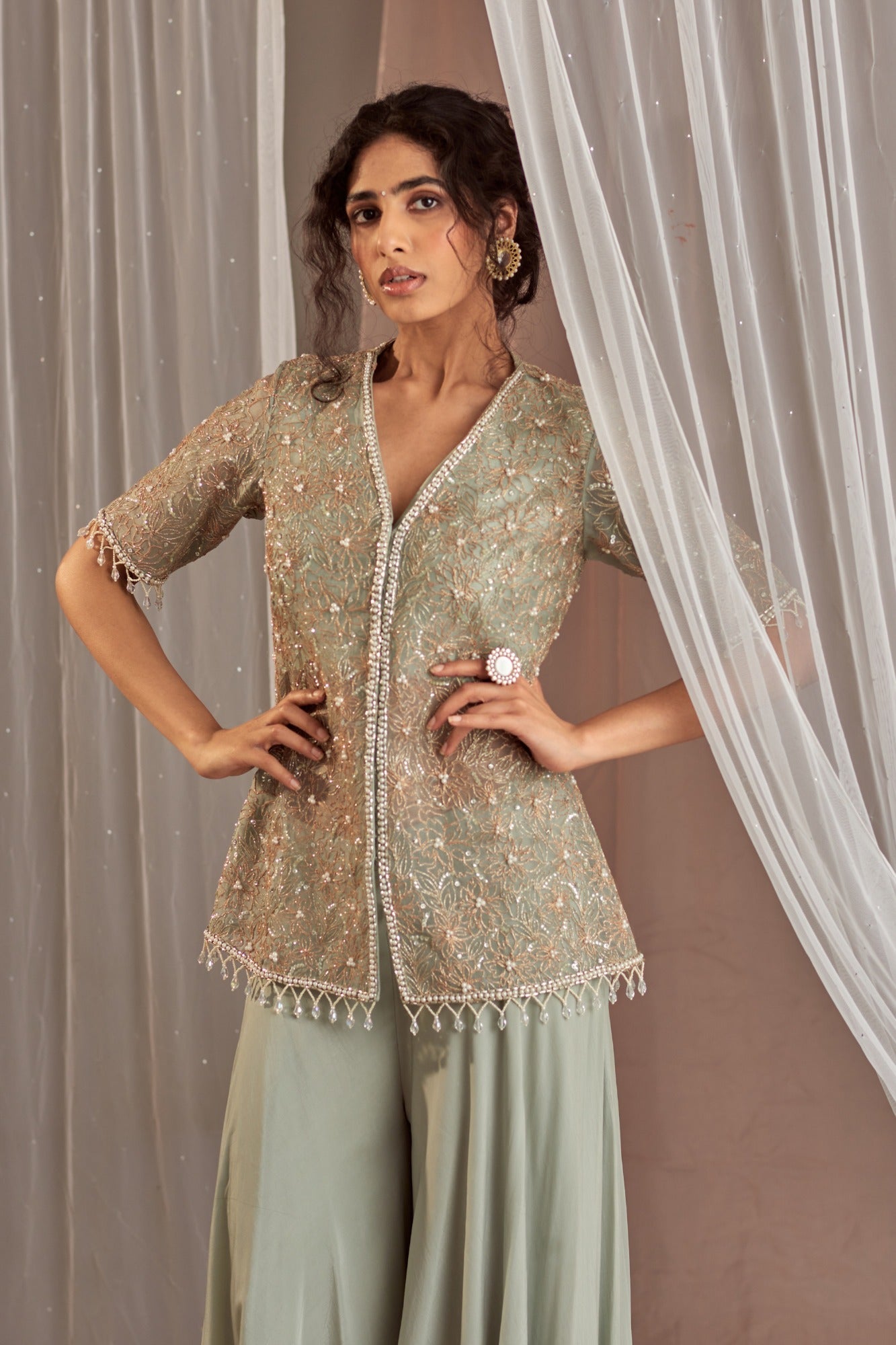 Muted Dull Green Organza Sharara Set