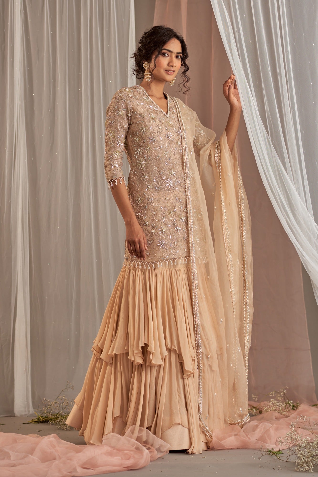 Champagne Embroidered Long Kurta Set