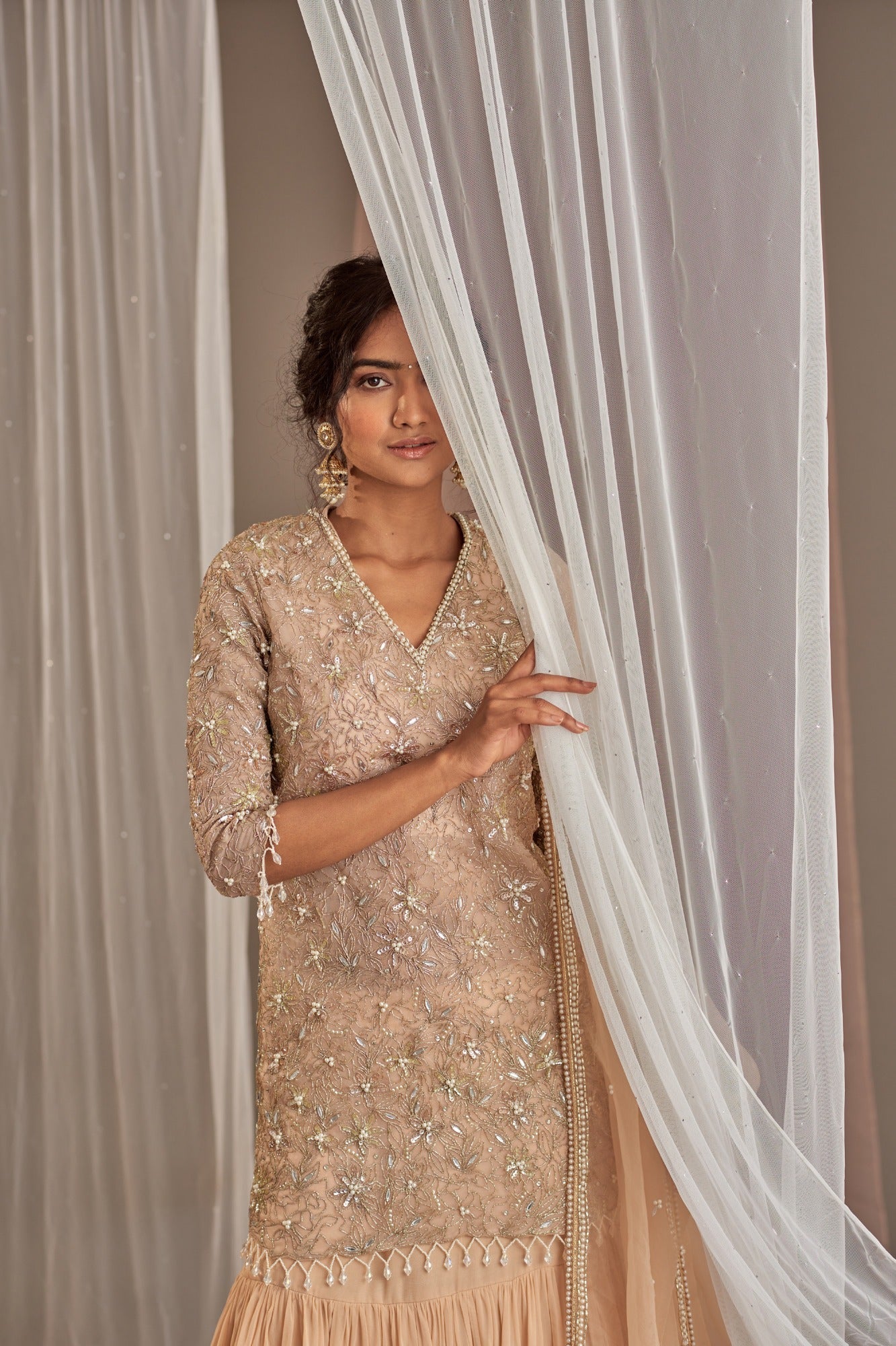 Champagne Embroidered Long Kurta Set