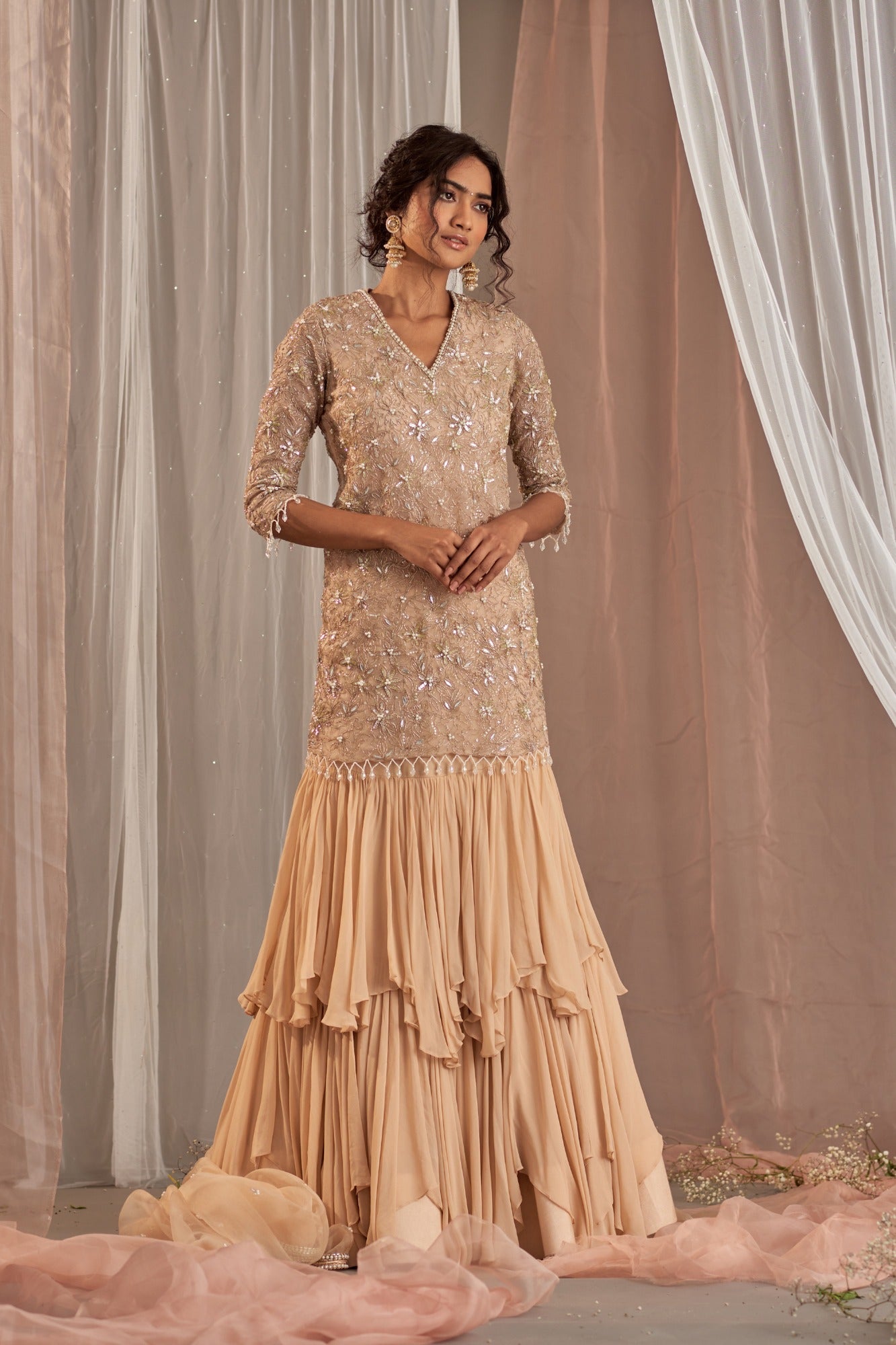 Champagne Embroidered Long Kurta Set