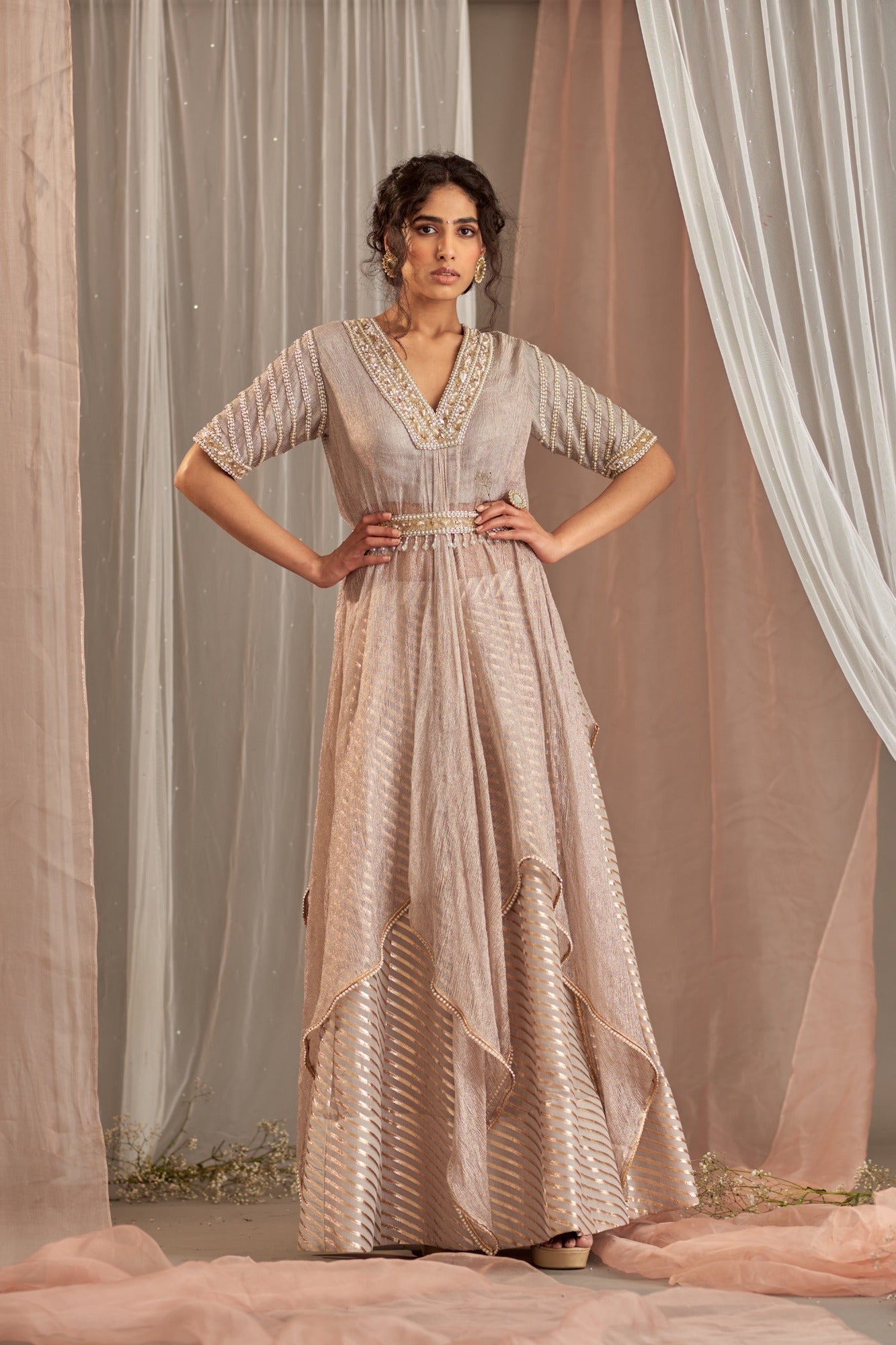 Shop Grey Embroidered Drape Kurta Set | Nidhika Shekhar