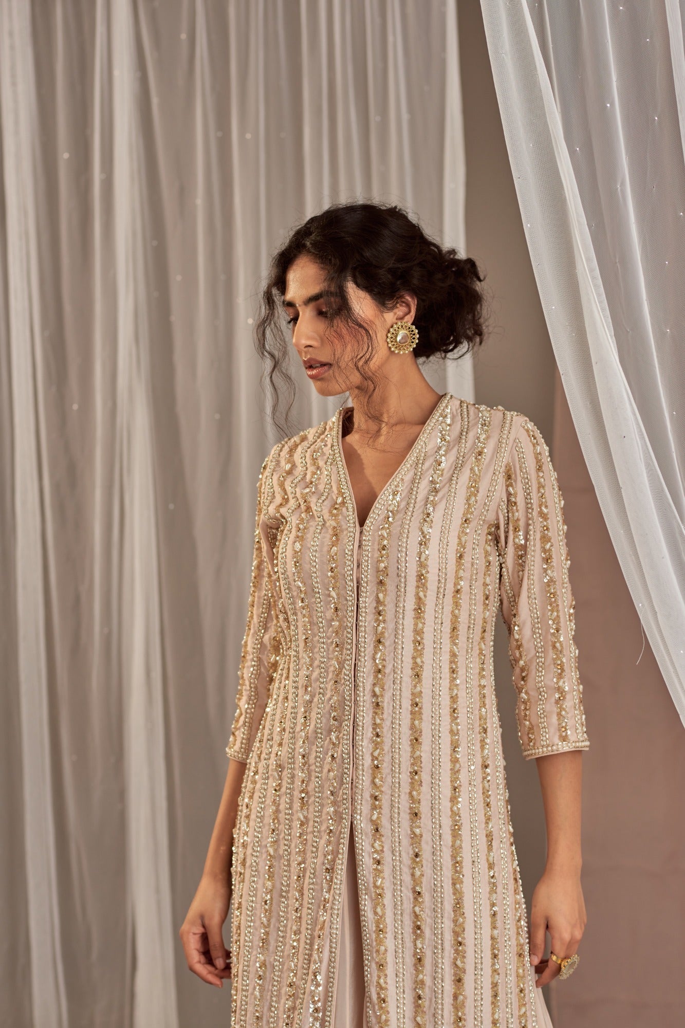 Women's Champagne Long Embroidered Kurta | Nidhika Shekhar