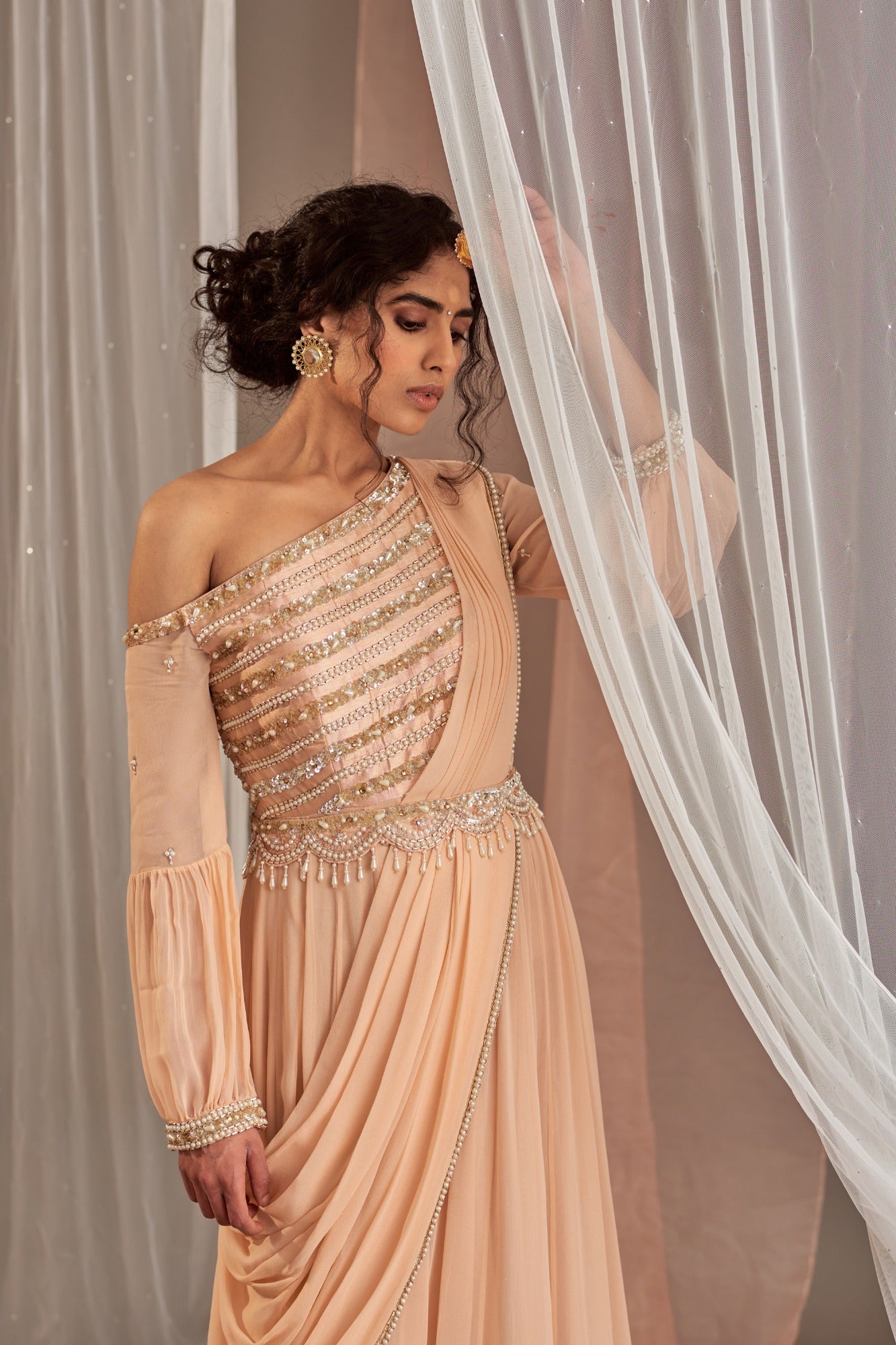 Buy Pink One-shoulder Embroidered Anarkali | Nidhika Shekhar