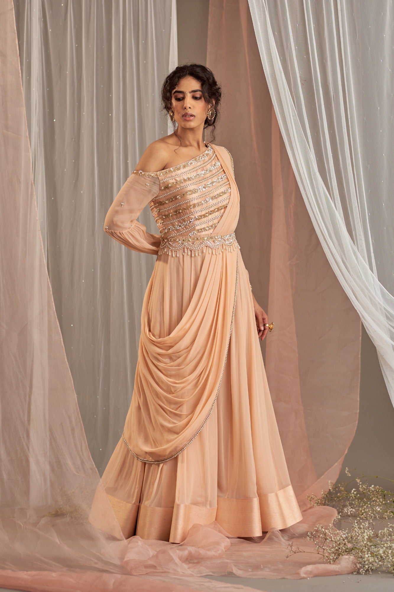 Buy Pink One-shoulder Embroidered Anarkali | Nidhika Shekhar