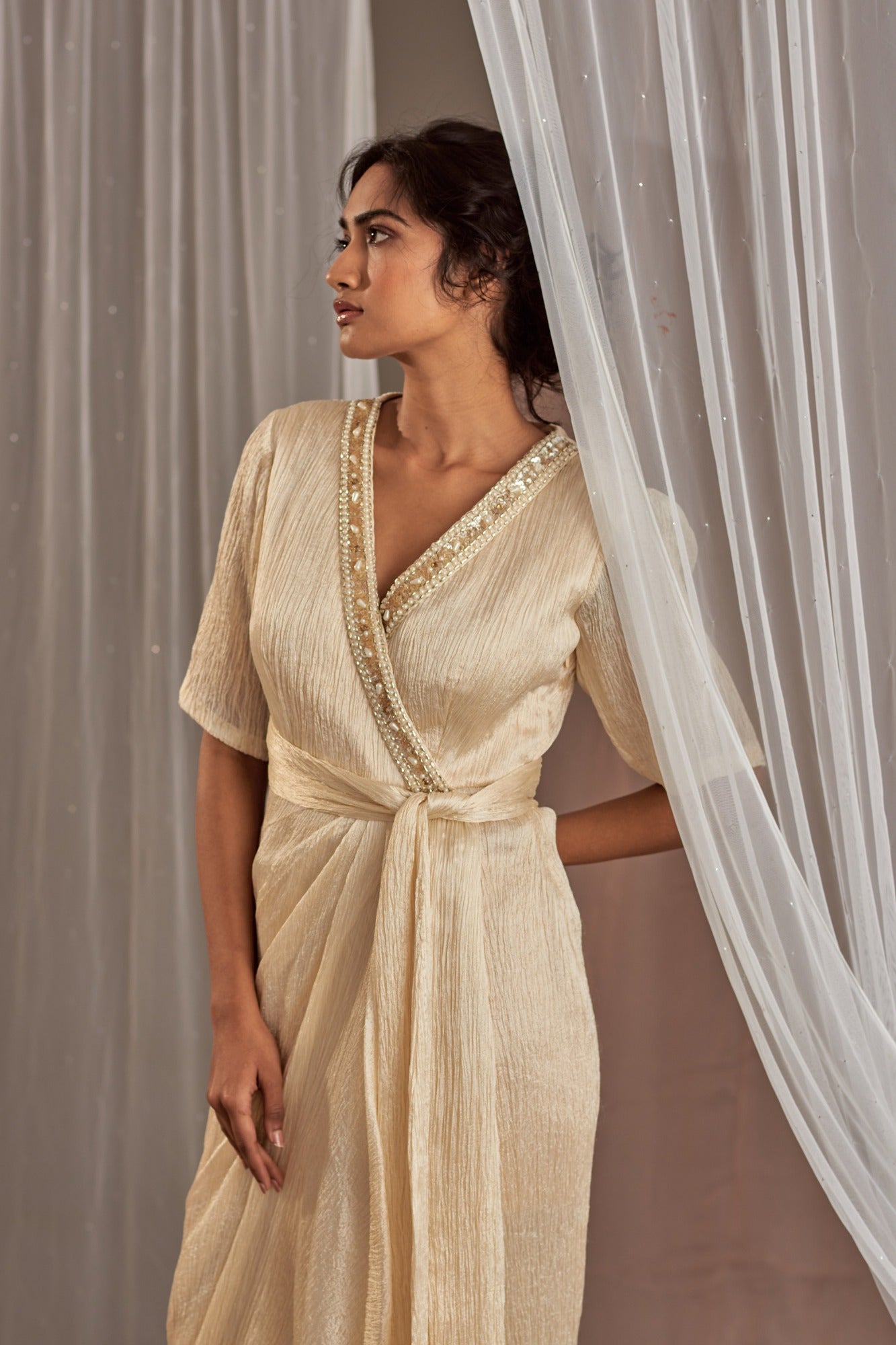 Buy Women's Ivory Embroidered Tie Up Dress | Nidhika Shekhar