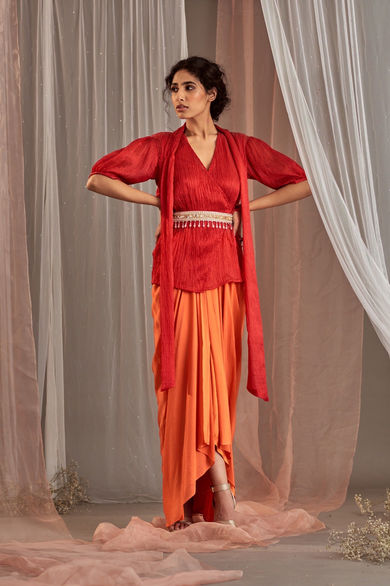 Buy Women's Designer Orange Drape Skirt Set | Nidhika Shekhar