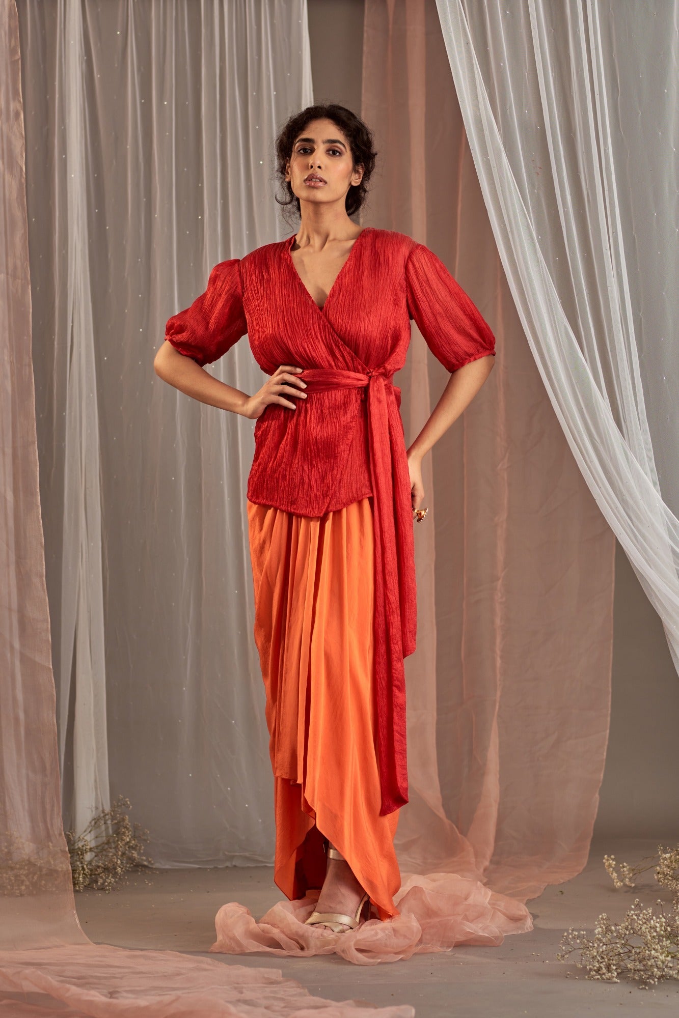 Buy Women's Designer Orange Drape Skirt Set | Nidhika Shekhar