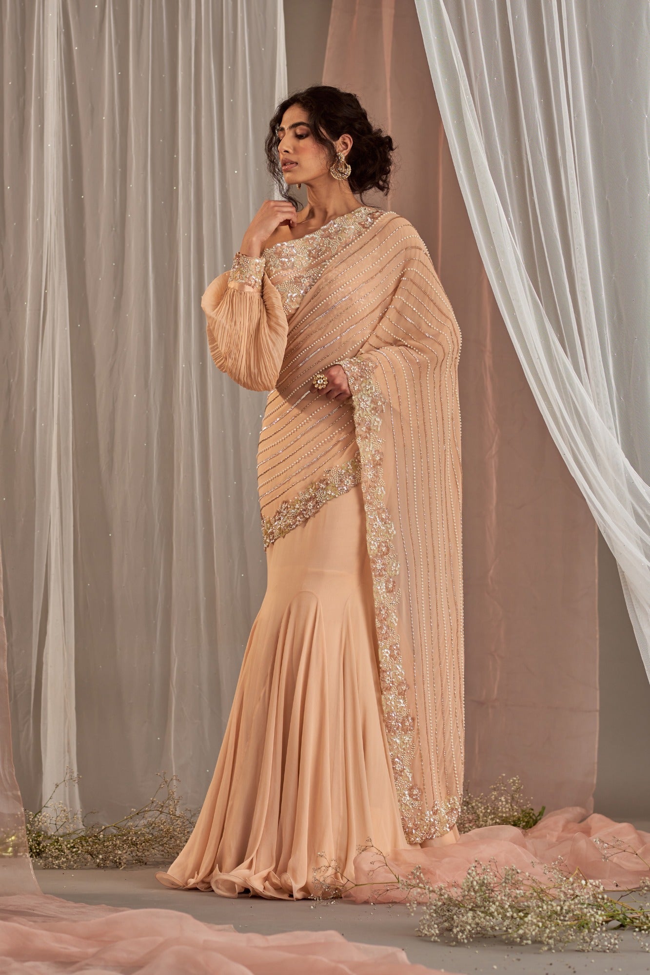 Salmon Pink Fish Cut Embroidered Saree Set