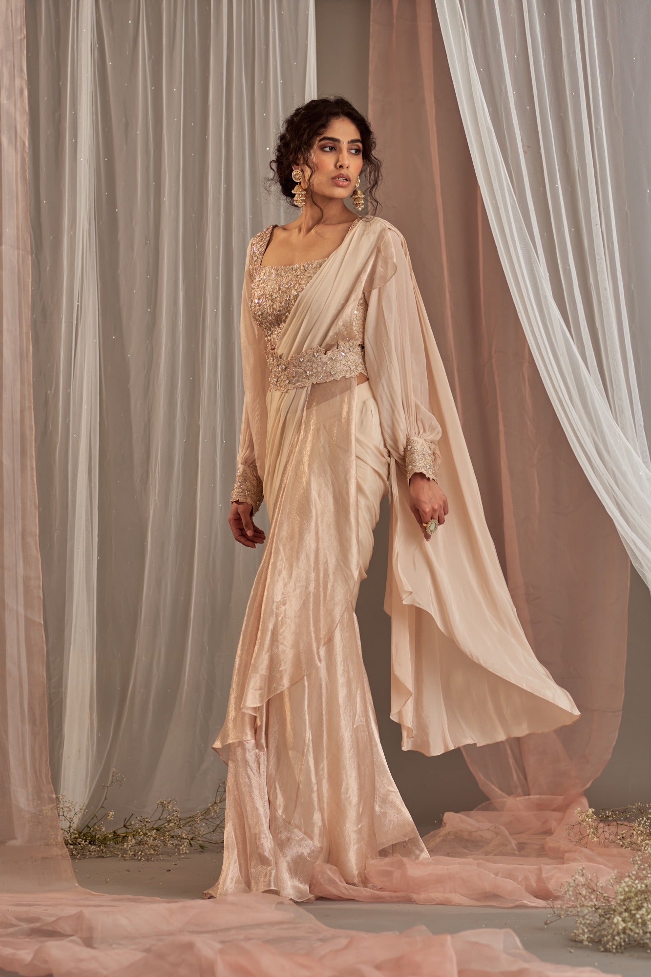 Shop Rose Organza Ruffle Drape Saree Set | Nidhika Shekhar