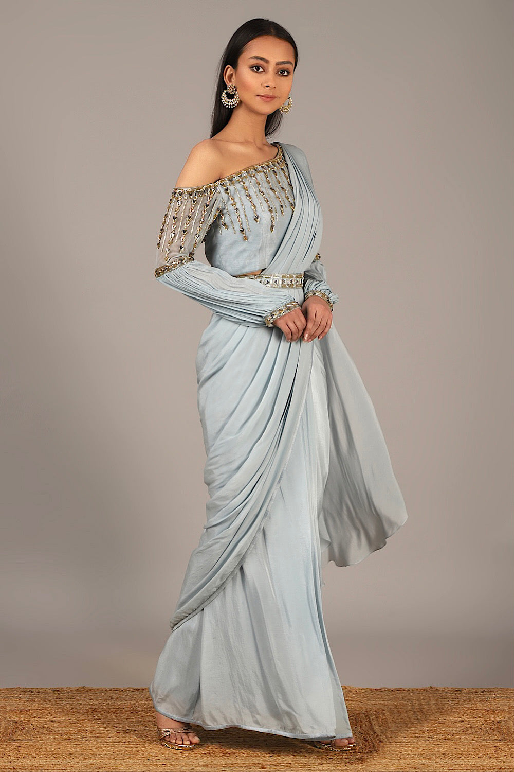 Grey Off Shoulder Saree Gown Design by Babita Malkani at Pernia's Pop Up  Shop 2024