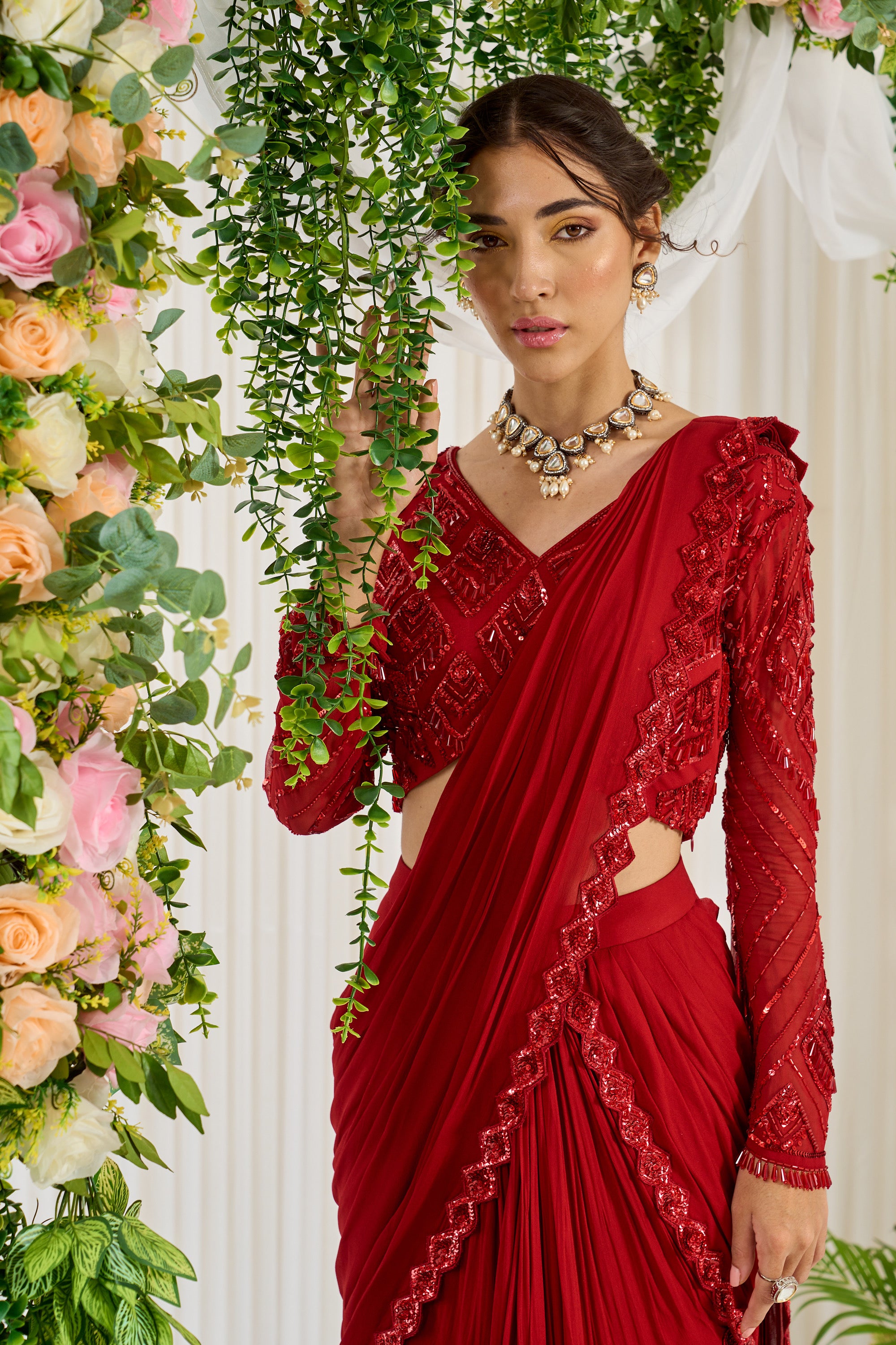 Buy Reception Wear Red Georgette Embroidery Work Saree Online